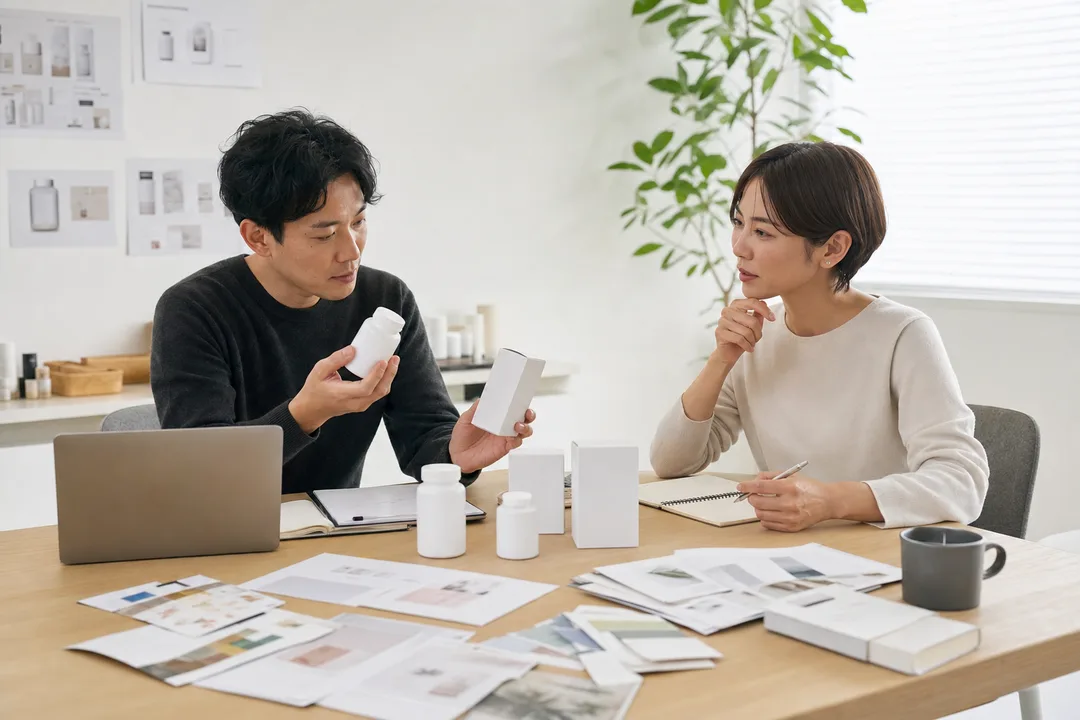 サプリメントの商品コンセプトとパッケージ条件を整理する場面のコンセプトビジュアル